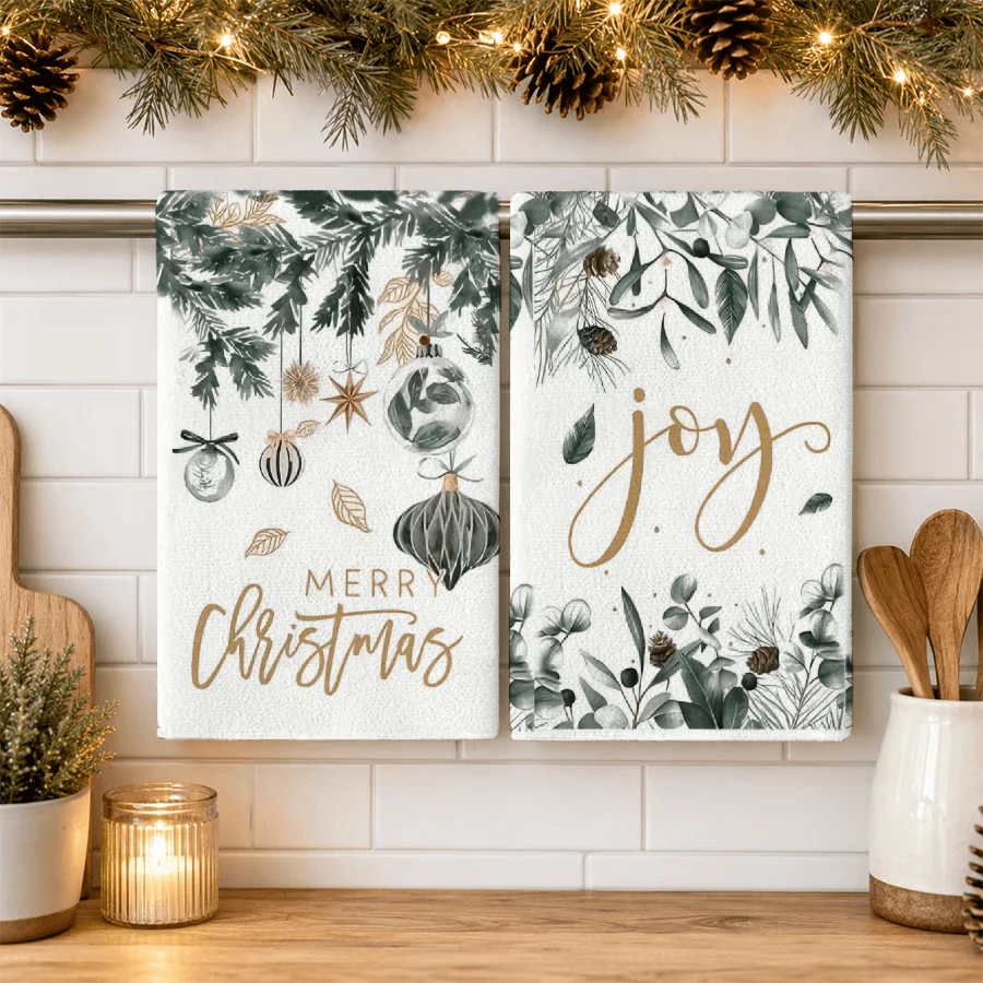 2pcs/Pack Red Christmas Tree & Snowman Kitchen Towels, Kitchen & Dining Table Decor, Winter Christmas Home Decoration, Soft Absorbent Microfiber Dish Cloth, Housewarming Gift, Christmas Gift, Suitable For Cleaning, Drying And Kitchen, Dining Room, Bathroom Use - White - View 1