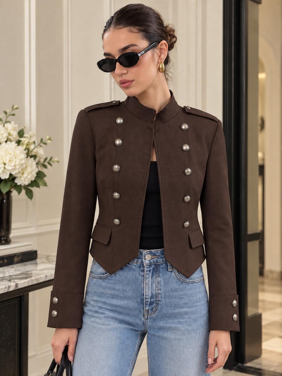 Women's Double-Breasted Napoleon Military Style Open Front Jacket - Chocolate Brown - View 1
