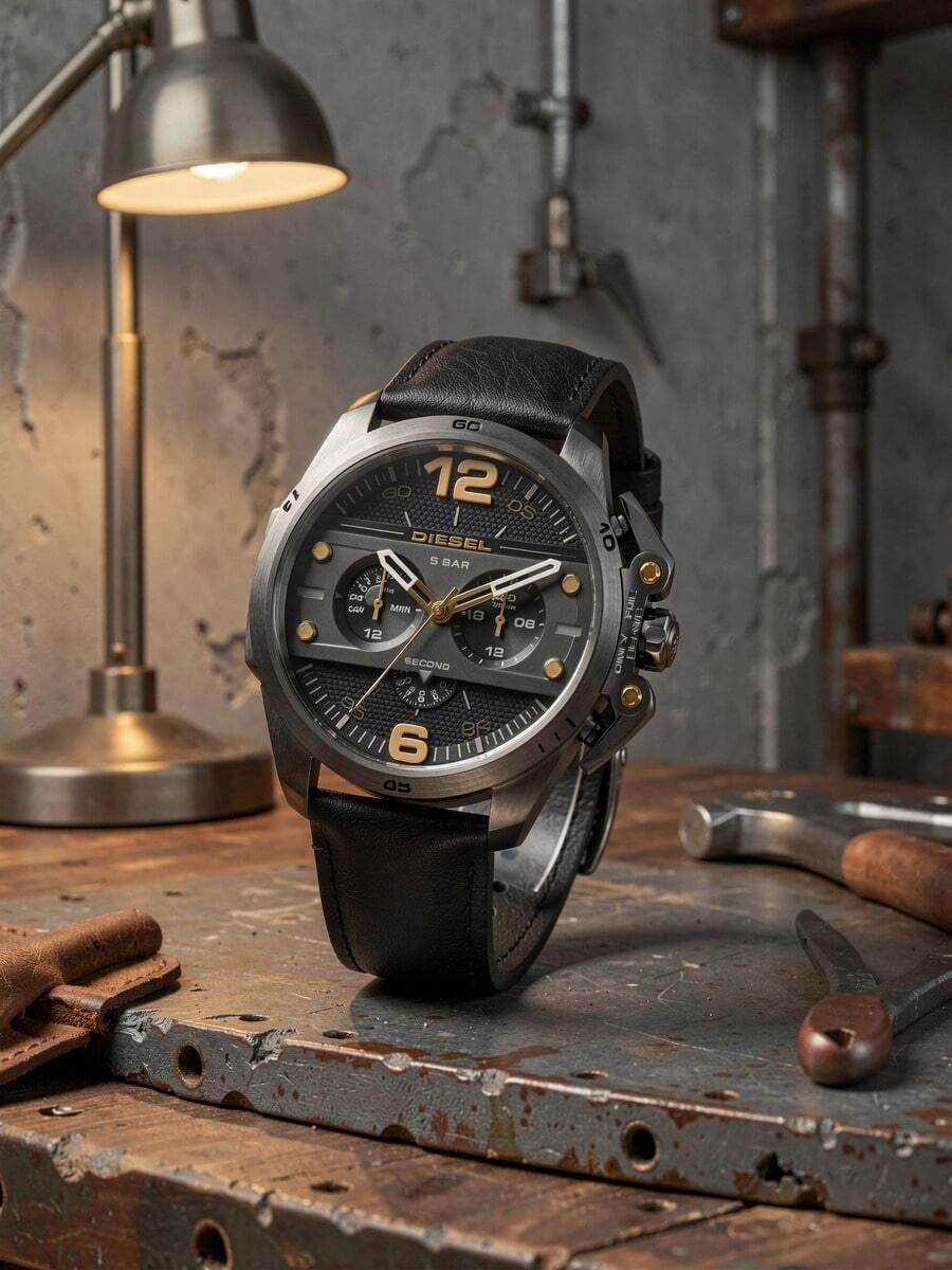 Diesel DZ4386 Rugged‑Industrial Men Wristwatch|Quartz Chronograph,Textured Black‑Gold Dial,Gun‑Tone Metal Case,Street Male Accessory - Black - View 1