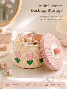 1pc Sweet Pink Bow Jacquard Fabric Storage Basket With White Leather Handle, Suitable For Home Storage, Bedroom Decor, Picnic Essentials, Travel Accessories, Kitchen Storage Solutions, And Perfect Gift Packaging Idea For Various Occasions - Multicolor - View 4