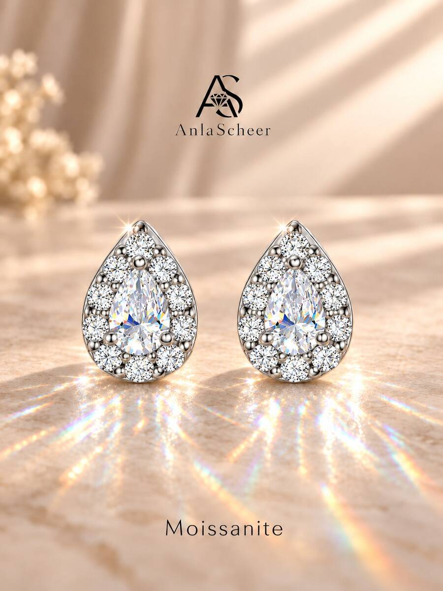 AnlaScheer 1pc 0.03-0.5ct Moissanite 925 Sterling Silver Halo Flat Back Cartilage Helix Piercing Ear Stud, Women's Engagement Wedding Bridal Jewelry