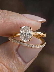1pc 18K Gold Plated Luxury Oval Cut White Gemstone Ring, Stackable Ring Set, Four-Prong Setting Ring, Elegant Holiday Party Gift For Women - Yellow Gold - View 8