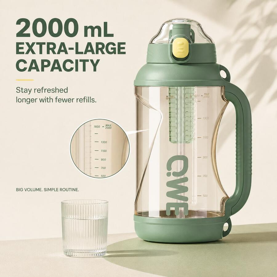 QWEPPSU 大容量噸噸桶 2000ml 帶茶倉刻度吸管水杯 握把式耐高溫健身泡茶運動水壺 - 墨綠色 - 查看 1