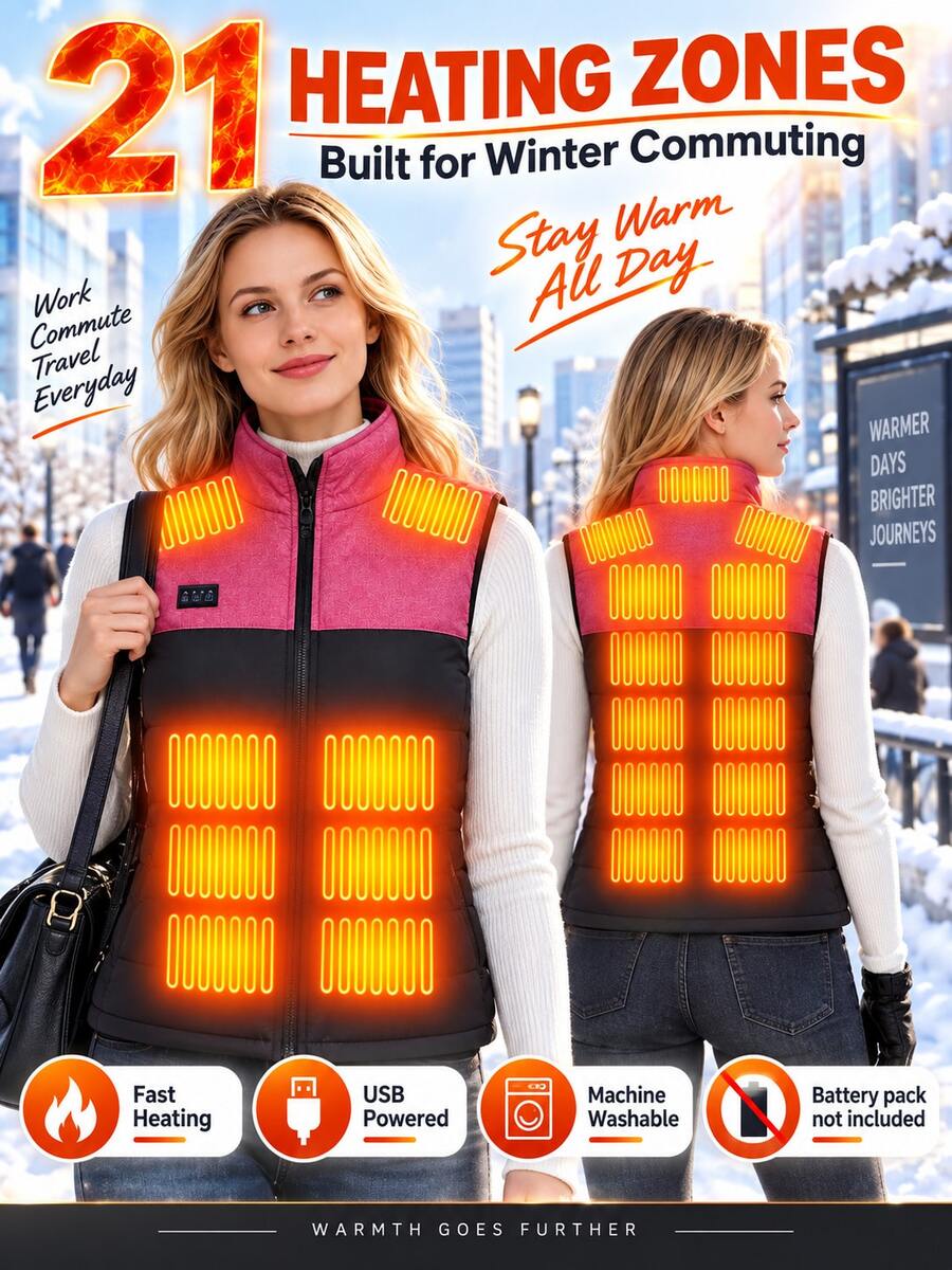 New Winter Women's Two-Tone Heated Vest With 21 Heating Zones, Smart Temperature Control, And Constant Temperature (Power Bank Sold Separately) - 1pc Mixed Color (Power Bank Not Included) - View 1