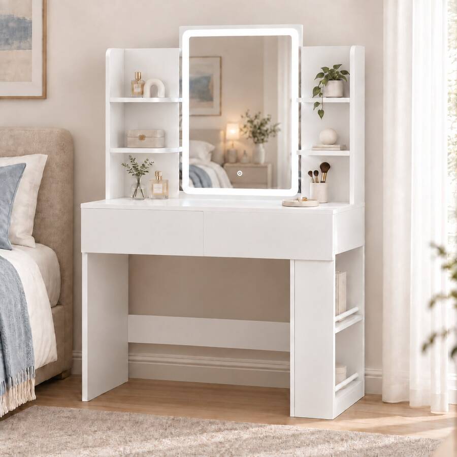 Vanity Desk With Mirror And LED Lights, Makeup Vanity Table With 3 Lighting Color, Adjustable Brightness, Vanity Table With 2 Drawers, Side Storage, For Bedroom - 查看 1