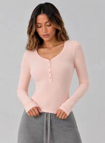 Never me Women's Sports T-Shirt Ribbed V-Neck Button Waist Gathered Curved Hem Yoga Long Sleeve - Pink - View 7