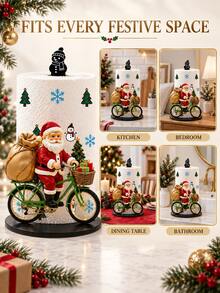 2D FLAT Christmas Decorative Kitchen Paper Towel Holder (No Power Light) - Desktop Tabletop Roll Holder (Combines Display And Storage Functions), Fun Cycling Santa Claus Design, Suitable For Kitchen, Bathroom, Living Room And Dining Room, Decorative Ornament To Create A Warm Christmas Atmosphere - Multicolor - View 3