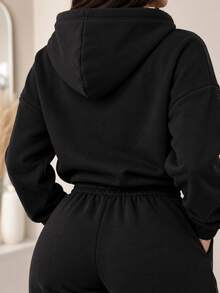 Conjunto para mujer estilo casual urbano estampado de letras tela suave holgado capucha manga larga otoño invierno uso diario set dos piezas sudadera - Negro Capucha - Ver 3