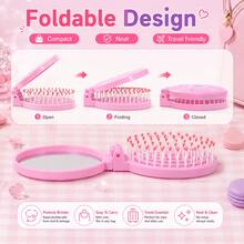 MONKIDS 2pcs Portable Folding Air Cushion Comb With Mirror, Wet & Dry Use, Unisex, Travel Makeup Comb, Mini Hairbrush For Girls, Suitable For All Hair Types Including Straight, Curly, Thick, Long, Wavy And Damaged Hair - Pink - View 7