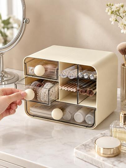 1pc Multi-Drawer Cosmetic Organizer With Pen Slot, Transparent Desktop Makeup Storage Box, Suitable For Brushes, Lipsticks, Skincare, Jewelry And Office Supplies, Space-Saving Vanity Organizer For Bedroom, Bathroom And Home