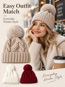 Women's Pom Pom Knit Beanie, Thick Cable Knit Winter Hat With Ribbed Cuff, Solid Color Warm Polyester Hat, Suitable For Daily Commute, Street Style, Travel And Outdoor Looks, Autumn/Winter Fashion Accessory, Christmas And New Year Gift - Multicolor - View 7