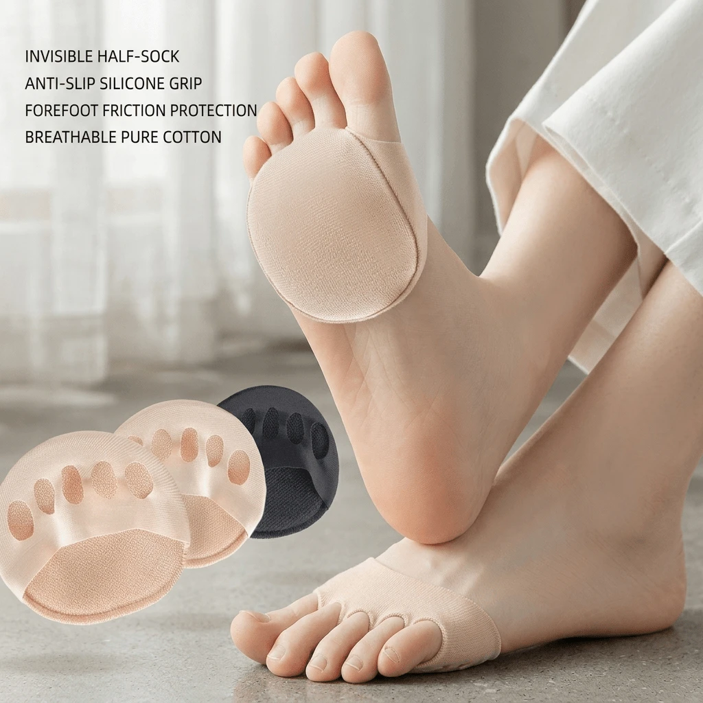 1/10 Pairs Multi-Color Invisible Half-Palm Socks, Pure Cotton Breathable Front Palm Pads, Silicone Non-Slip Bottom, No Pressure On Feet, Women's High Heel Half-Size Pads, Front Foot Protection Pads, Anti-Friction Half Socks, Suitable For Shoes, Sandals, High Heels - Half-length Support Footrest - View 1