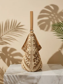 CAJUNI 大容量度假風鏤空草編托特包，波西米亞編織單肩包，休閒復古浪漫三色款 - 卡其色 - 查看 2