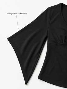 Y2K Slim Fit V-Neck Bell Sleeve Cropped Top, Suitable For Street Style, Daily Wear And Weekend Outings - Black - View 5