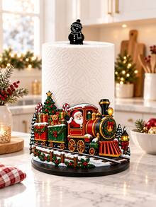2D FLAT Christmas Decor Kitchen Paper Towel Holder (No Power Light) - Desktop Tabletop Roll Holder (Combines Display And Storage Function), Fun Train & Santa Claus Design, Suitable For Kitchen, Bathroom, Living Room And Dining Room, Decorative Ornament To Create Warm Christmas Atmosphere. (Paper Towels Not Included) - Multicolor - View 2