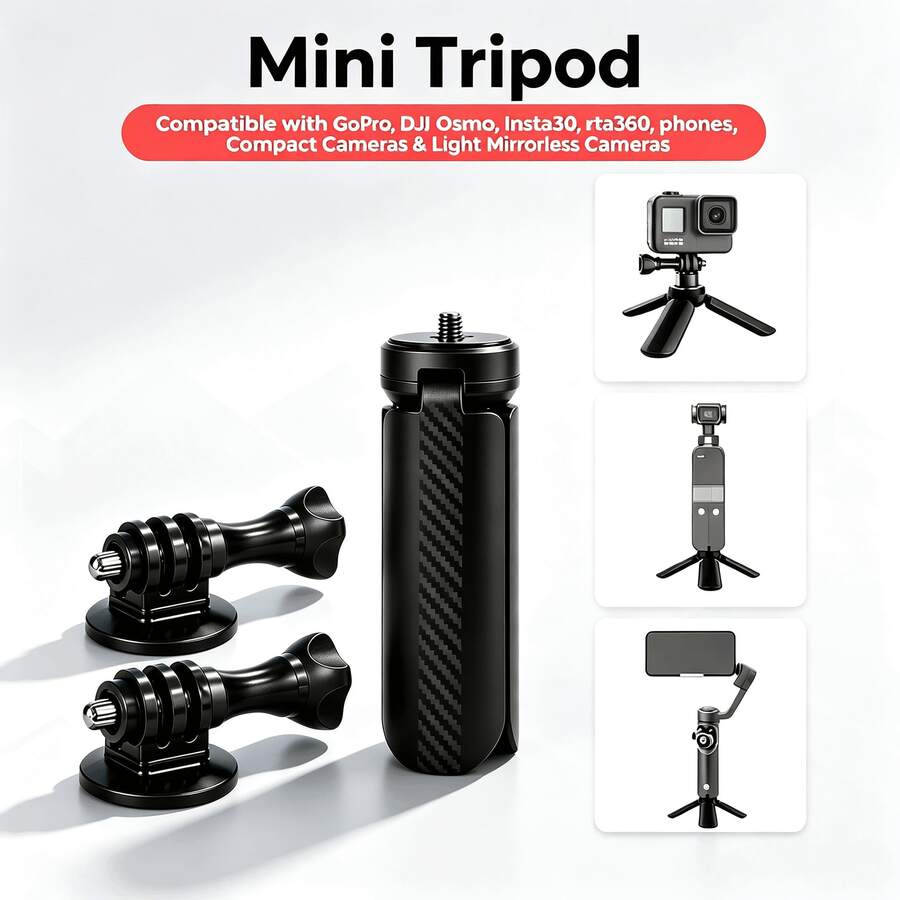 Mini Tripod Handle Compatible With OsmoPocket 3/4 Camera Phone One-Click Open DesktopStand Handle With 1/4" Screw Compatible With Action6 5pro Nano// X5/Phone/Camera/Digital DeviceAccessories - View 1