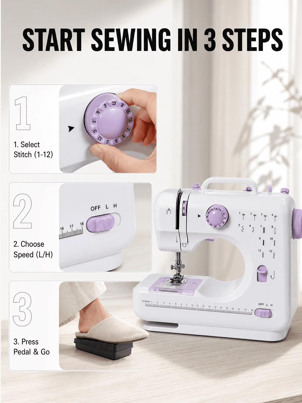 SMEGGEMS Mini Máquina de Coser Eléctrica Portátil, 12 Puntadas, Velocidad Ajustable, Luz LED Integrada, Modo Dual Eléctrico y Manual, Con Pedal de Pie y Juego de Bobinas, Adecuada para Reparación de Ropa, Manualidades DIY y Principiantes - Multicolor - Ver 1