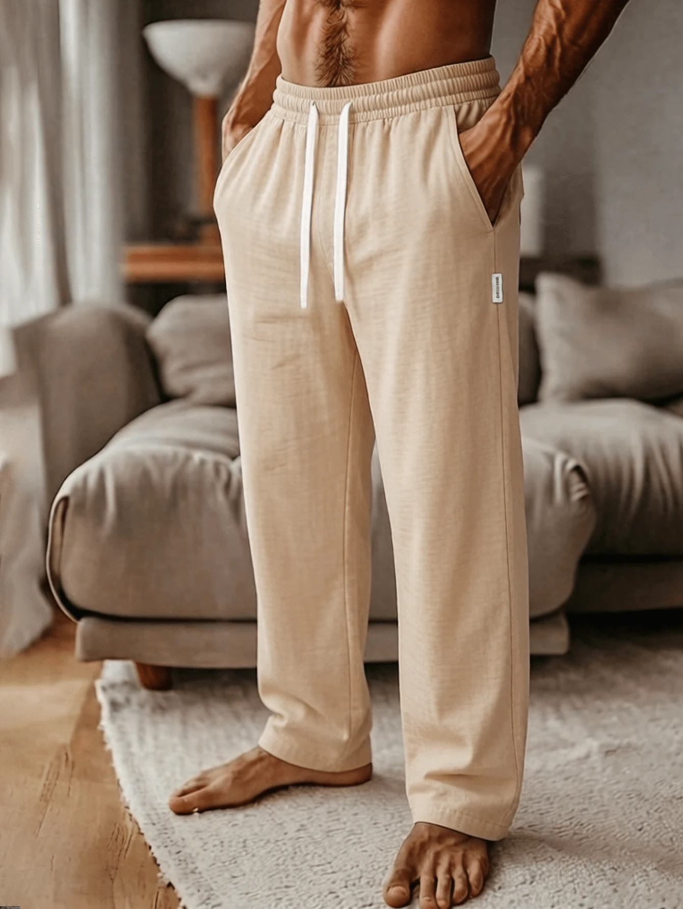 Men's Summer Linen Casual Long Pants, Drawstring Minimalist Design, Side Pockets For Convenient Storage Fall - Apricot - View 1