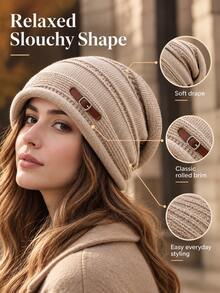 Autumn/Winter Loose Knit Wool Hat (With Decorative Leather Buckle), Fashionable Women's Loose Hat, Soft And Warm, Elastic (Suitable For Head Circumference 55–58cm), Suitable For Daily Commute, Travel, Skiing And Outdoor Activities - Multicolor - View 5