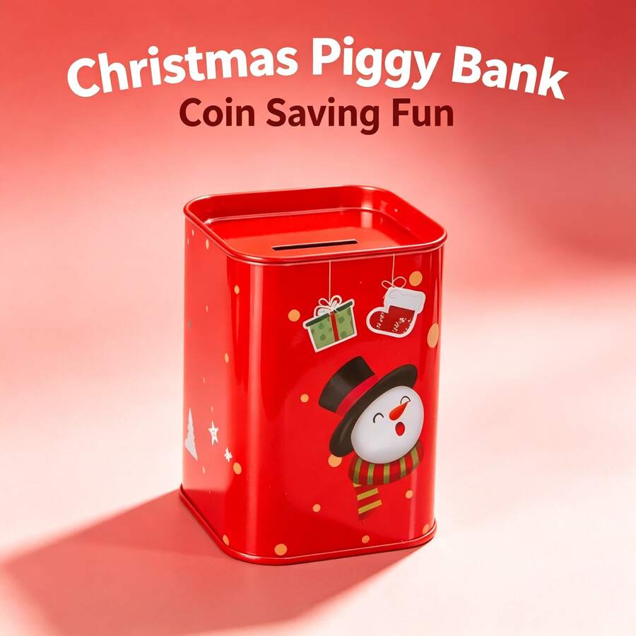 Square Cartoon Christmas Piggy Bank, Metal Coin Storage Box, Cute Holiday Pattern Money Saving Jar, Desktop Coin Holder Ornament, Holiday Style Coin Storage Container, Creative Christmas Small Gift, Desktop Decorative Coin Box, Holiday Savings Container, Birthday Gift, Party Gift, Christmas Gift, Home Decor