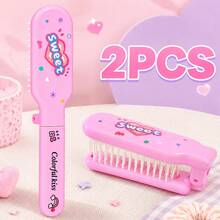 MONKIDS 2pcs/Set Foldable Portable Hair Comb, Cute Girl Style Cartoon Print Detangling Comb, Mini Plastic Comb For Easy Untangling Of Knotted Hair, Suitable For Daily Home Use And Travel - Pink - View 12