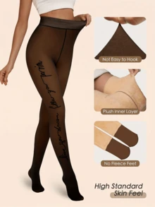 1pc Women's Thermal Lined Thick Side Letter Print Knitted High Elastic Comfortable Elegant Leggings Suitable For Shopping - Black - View 3