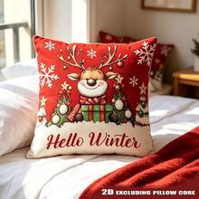 1PC Reindeer Pillow Cover Cute Reindeer With Ornament Antlers Hello Winter Print Cushion Case For Christmas Sofa Decor - Multicolor - View 2