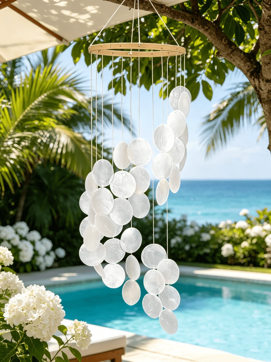 White Shell Wind Chime, Spiral Bohemian Shell Pendant, 72 * 17.2 Cm, Beach-Style Wind Chime, Suitable For Outdoors, Terrace And Garden - 1PC - View 1