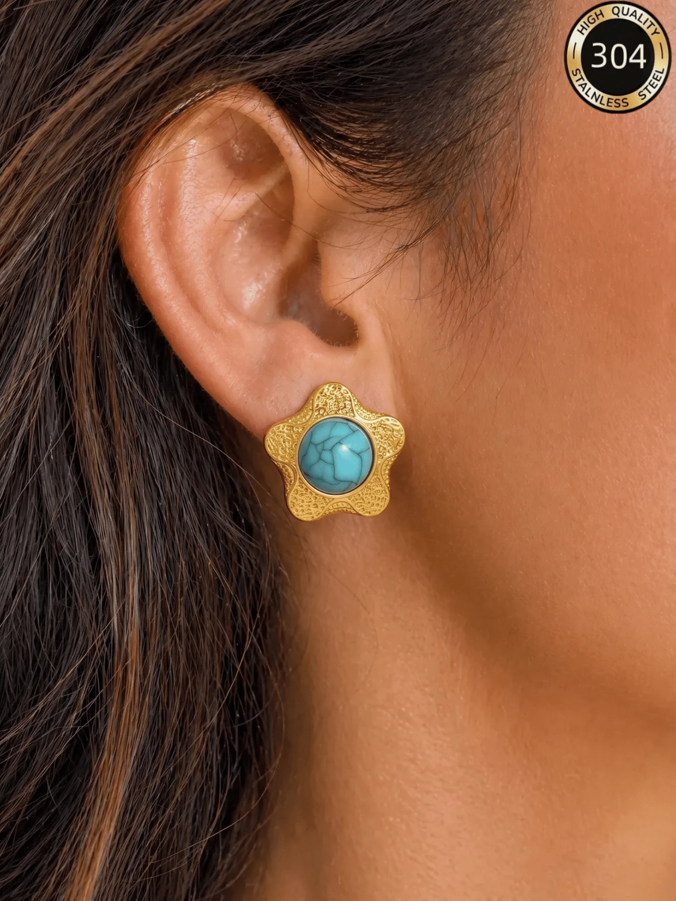 1 Pair French Vintage Exquisite Luxury Stainless Steel Gold-Tone Star Flower Pattern Turquoise Stud Earrings, Suitable For Women's Daily Commute, Party, Evening Banquet, Atmospheric Accessory - Gold - View 1