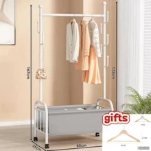 Heavy Duty Movable Metal Clothes Rack With Universal Casters, Garment Stand With Multi Side Hooks & Large Bottom Storage Bin, Comes With Free Wooden Hangers, Multi-Function Clothing Storage Organizer For Household Use. - Brown - View 15