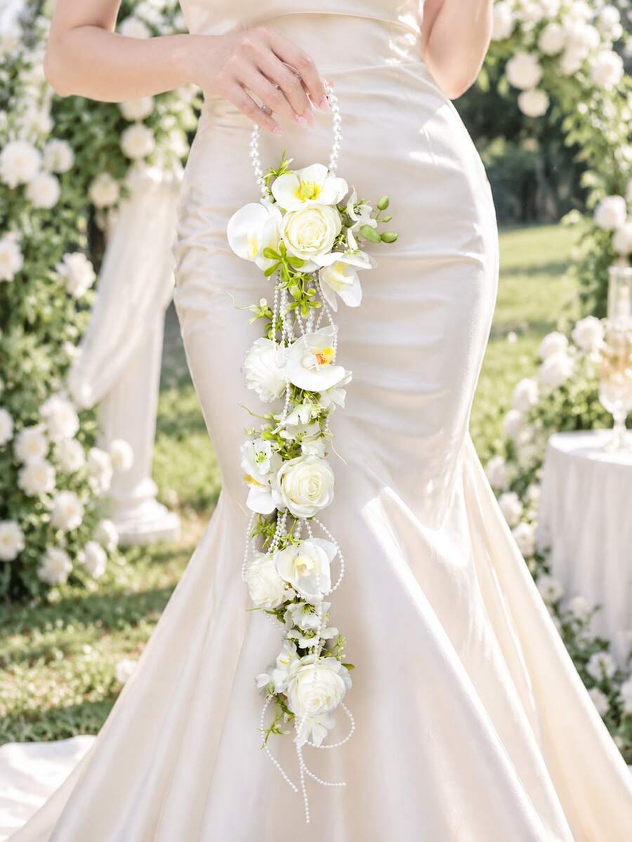 1pc Cascading Faux Pearl Handheld Flower Hoop, Artificial White Rose & Phalaenopsis Long Tear Drop Bouquet, Bridal Wedding Photo Prop - White - View 1
