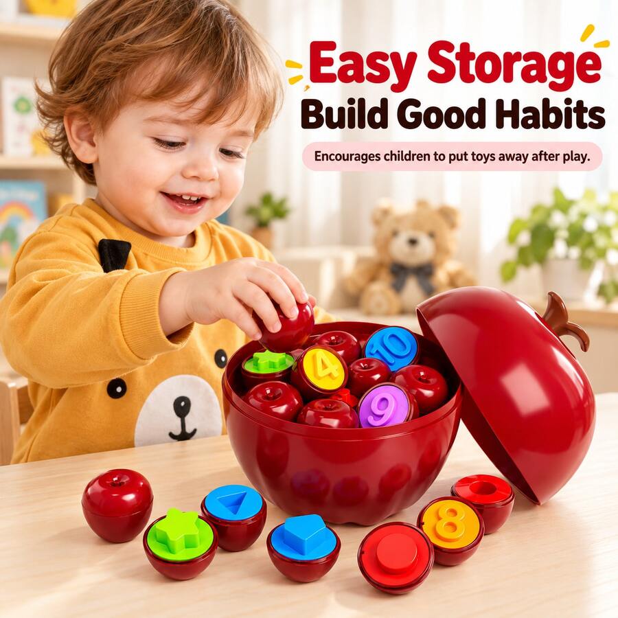 12PCS Apple Shape Matching Toy Set, Toddler Montessori Educational Puzzle Toy For Shape, Color & Number Recognition With Storage Apple
