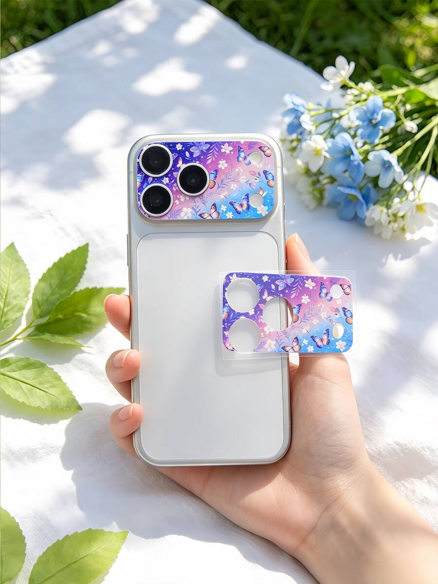2片裝相機鏡頭保護軟膜，防指紋，易安裝無氣泡，適用於 iPhone 18 Pro Max/18 Pro/17 Pro Max/17 Pro/17 Air，高畫質漸層紫藍蝴蝶花卉全覆蓋防刮保護膜