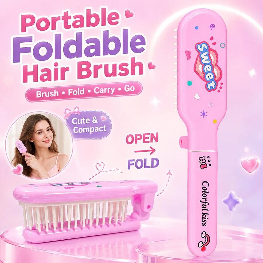 MONKIDS 2pcs/Set Foldable Portable Hair Comb, Cute Girl Style Cartoon Print Detangling Comb, Mini Plastic Comb For Easy Untangling Of Knotted Hair, Suitable For Daily Home Use And Travel - Pink - View 1