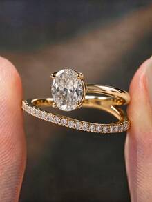 1pc 18K Gold Plated Luxury Oval Cut White Gemstone Ring, Stackable Ring Set, Four-Prong Setting Ring, Elegant Holiday Party Gift For Women - Yellow Gold - View 2
