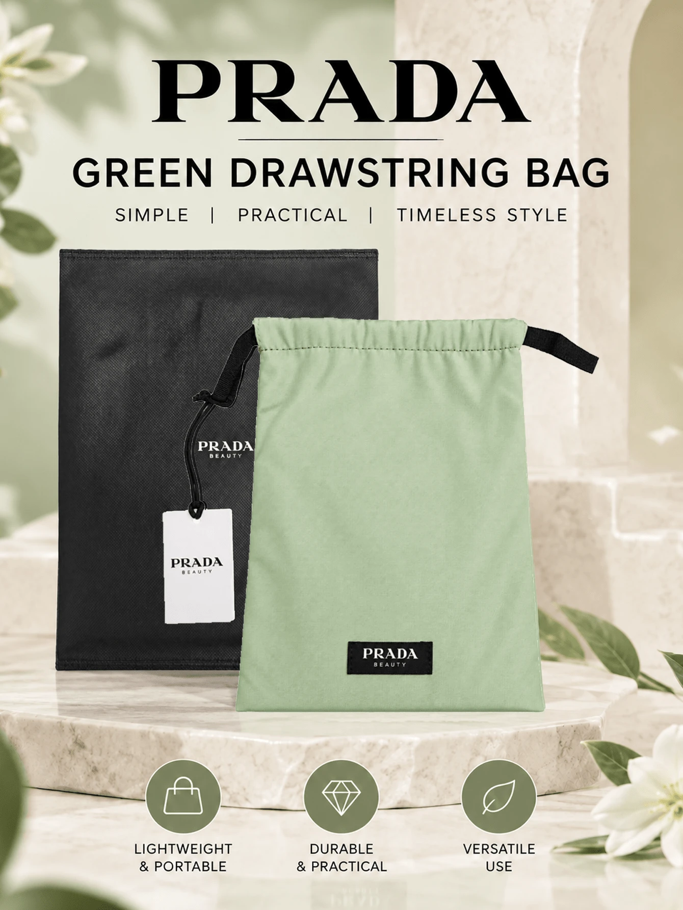 Prada Green Drawstring Bag, 16*0.5*22 Cm, Soft And Lightweight Fabric, Drawstring Closure, Perfect For Storing Makeup And Small Essentials On The Go