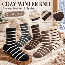 Winter Striped Ribbed Knit Boat Socks, Neutral Color Comfortable Warm Boot Socks, Suitable For Daily Wear - Multicolor - View 3