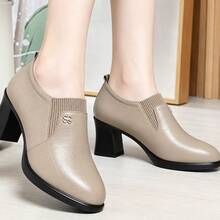 New Women's Slip-On Loafers Mom Shoes Deep Cut Wedge Heel Round Toe Chunky Heel Commuter Shoes - Khaki - View 2