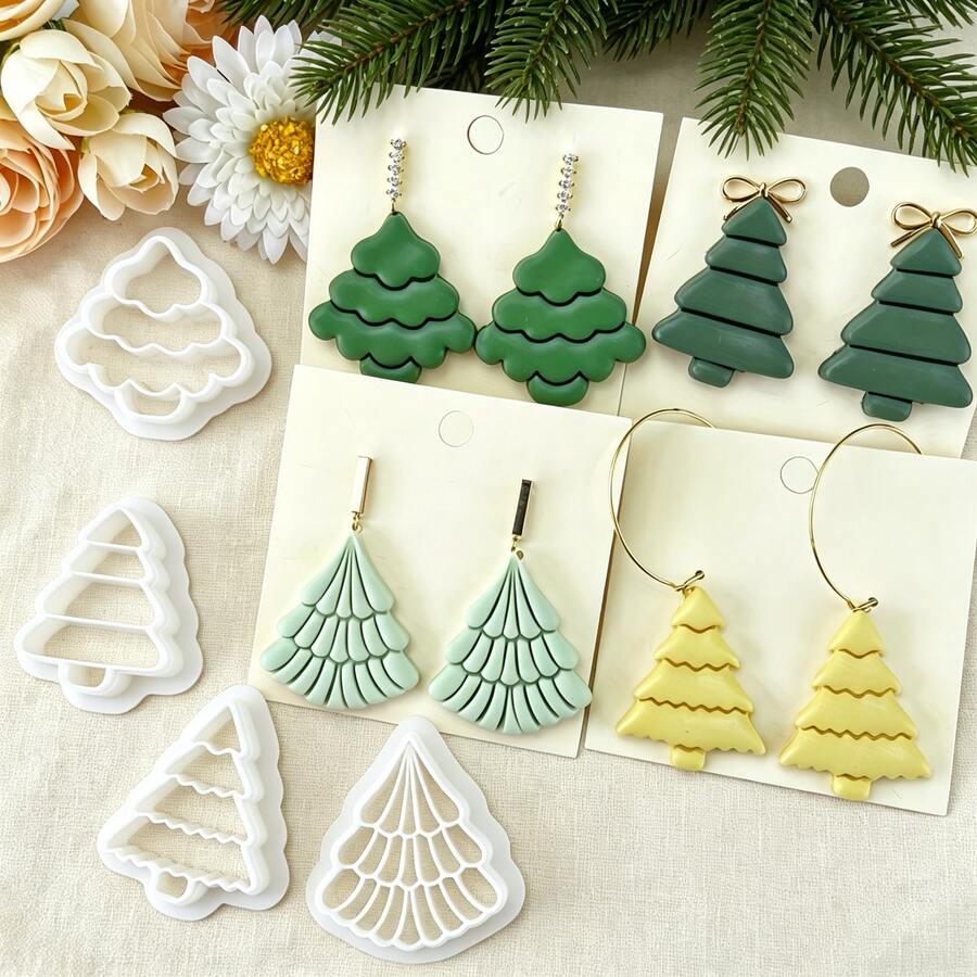 1/4pcs Christmas Series Jewelry Making Kit, Christmas Tree Shaped Polymer Clay Earring Mold, Christmas Soft Clay Jewelry Making Mold, For DIY Creative Christmas Decoration Earrings, Pendants, Ceramic And Other Jewelry Making Kit - White - View 1