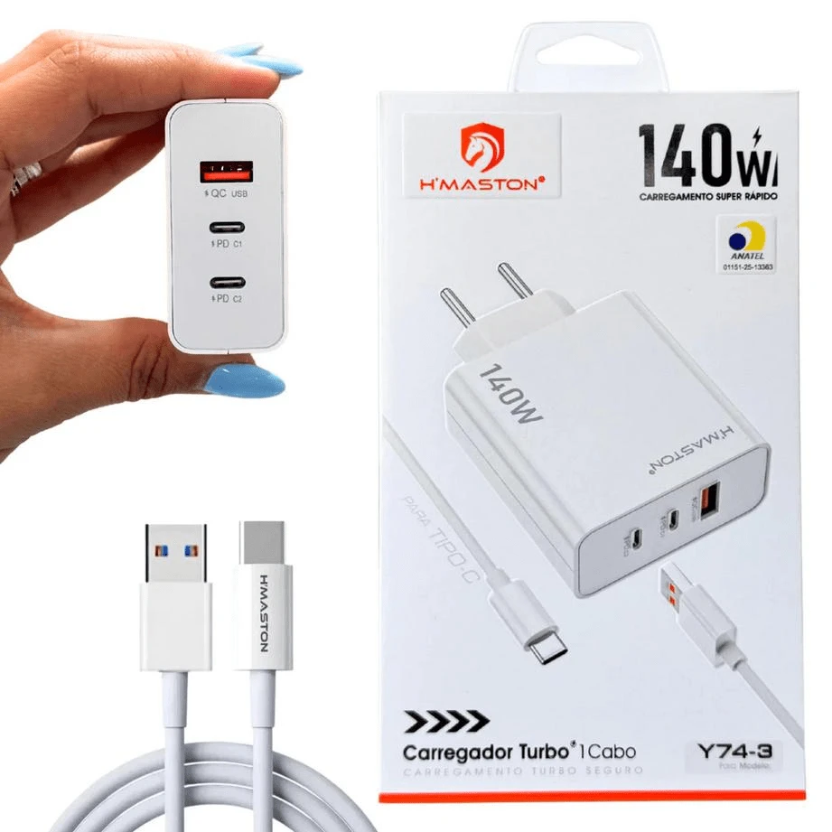 Carregador Turbo 140W 3 Portas Inteligentes + Cabo USB-C 1 Metro H'Maston Original Anatel Y74-3 - Entrada do Brasil (220V) - Visão 1
