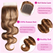 VALLBEST Ombre Human Hair Bundles With Closure 20 22 24 +18 Inch Highlight Blonde Bundles Human Hair 4/27 Brown Body Wave With 4x4 Closure 12A Brazilian Virgin Remy Weave Raw Hair Extensions - S4/27 - View 4