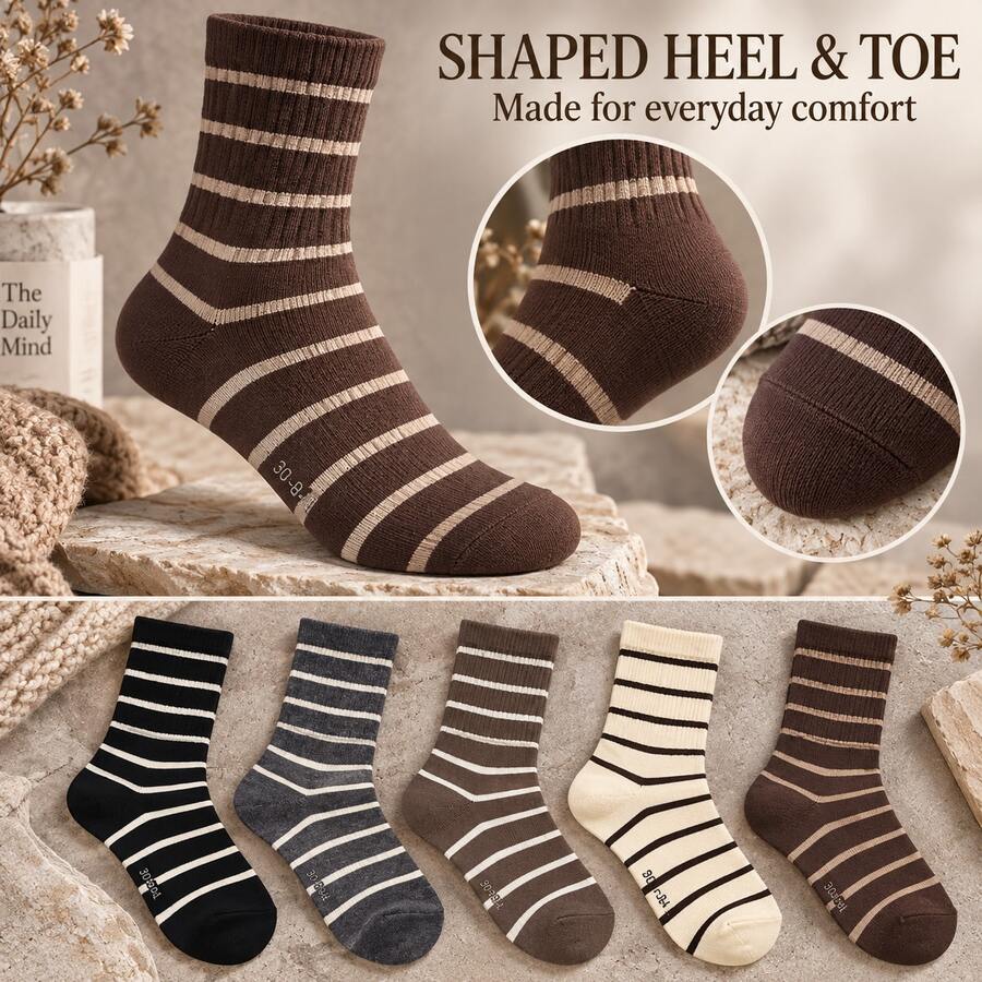 Winter Striped Ribbed Knit Boat Socks, Neutral Color Comfortable Warm Boot Socks, Suitable For Daily Wear - Multicolor - View 1
