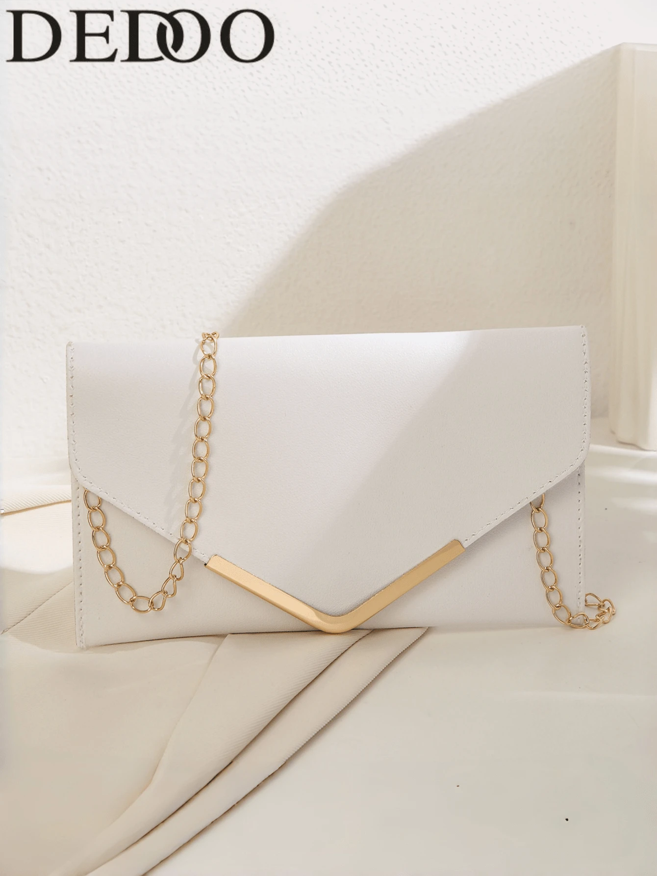 Dedoo Women's Envelope Clutch Bag, Solid White, Faux Leather,Gold Metal Trim Detachable Chain StrapElegant Luxury StyleFor WeddingPartyDate Evening Events - White - View 1