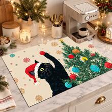 1pc Christmas Black Cat Pattern Diatomaceous Earth Absorbent Mat, Kitchen Countertop Drying Mat, Coffee Machine Mat, Pour-Over Coffee Pot Mat, Dish Drying Mat, Non-Slip Heat-Resistant Kitchen Mat, Dining Table Mat, Breakfast Mat, Washing Machine Mat, Home Kitchen Dining Table Coffee Shop Bar Decor Mat, Holiday Party Housewarming Gift - Multicolor - View 5