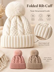 Women's Pom Pom Knit Beanie, Thick Cable Knit Winter Hat With Ribbed Cuff, Solid Color Warm Polyester Hat, Suitable For Daily Commute, Street Style, Travel And Outdoor Looks, Autumn/Winter Fashion Accessory, Christmas And New Year Gift - Multicolor - View 4