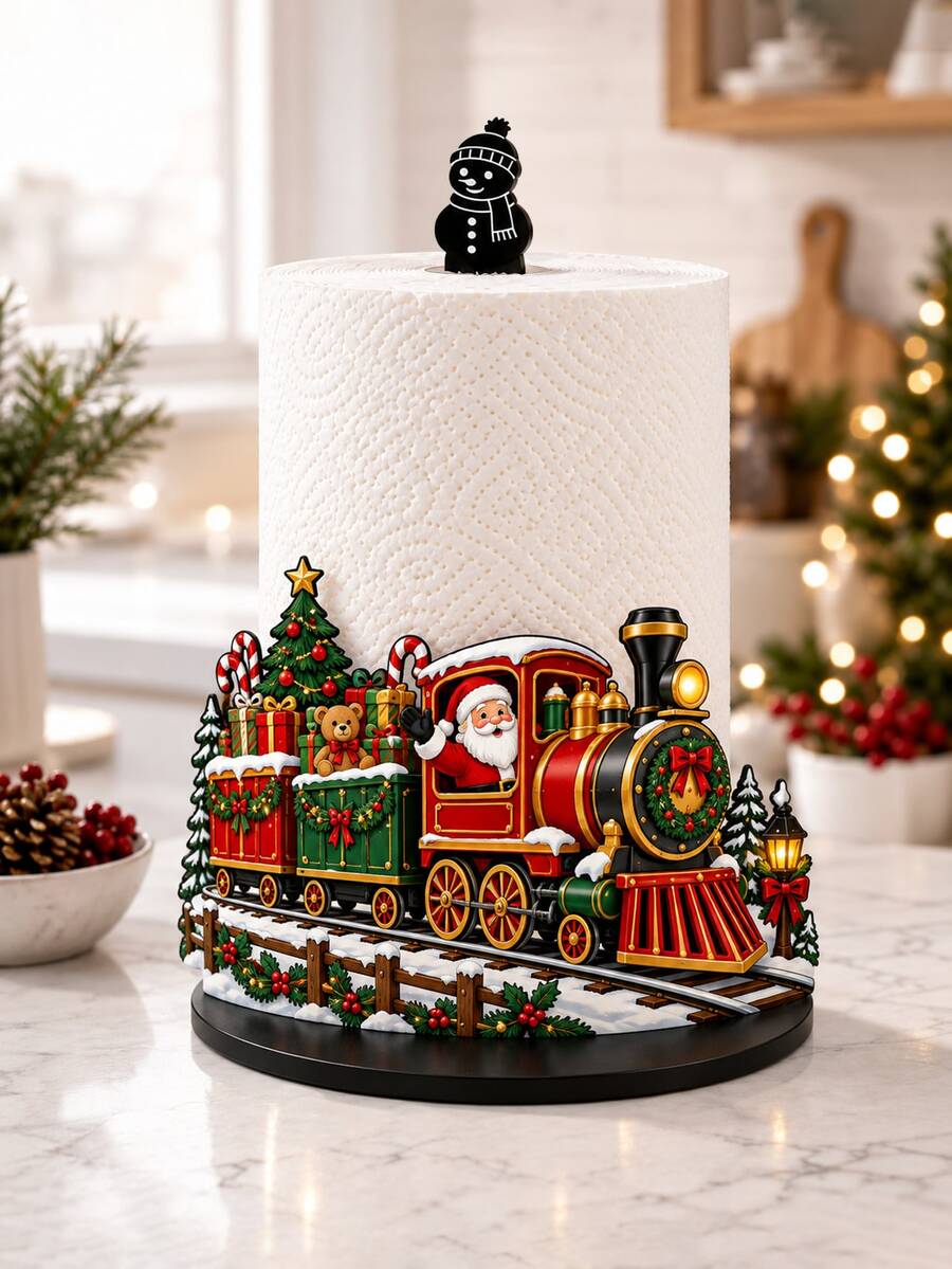2D FLAT Christmas Decor Kitchen Paper Towel Holder (No Power Light) - Desktop Tabletop Roll Holder (Combines Display And Storage Function), Fun Train & Santa Claus Design, Suitable For Kitchen, Bathroom, Living Room And Dining Room, Decorative Ornament To Create Warm Christmas Atmosphere. (Paper Towels Not Included) - Multicolor - View 1