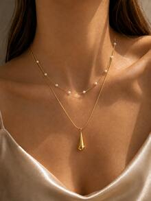 VceTd 2PCS French Gentle Style Stainless Steel Women's Necklace Set With Water Drop Pendant And White Round Bead Necklace, Suitable For Daily Layering Or Wearing At Dates And Gatherings - Yellow Gold - View 3