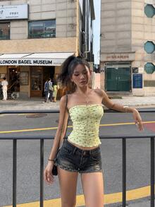 YEAE | Low Waist Distressed Denim Shorts - Elastic Comfortable Fashion Design - Dark Wash - View 6