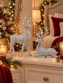 2pcs Silver Reindeer Figurines Set, Sparkling Christmas Deer Statues With Standing & Reclining Designs, Elegant Holiday Tabletop Decor For Mantel Fireplace Shelf Living Room Dining Table, Winter Xmas Home Decoration Gift - New - View 7