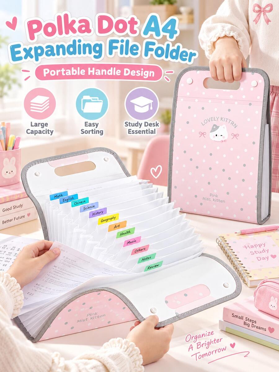 1pc Polka Dot A4 Expanding File Folder, Portable Accordion Paper Organizer For Ages 3+, Kindergarten, Elementary Kids & School Supplies - Multicolor - View 1